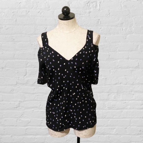 Anthropologie Maeve Bremen Polka Dot Cold Shoulder Top Navy Large - Picture 2 of 12